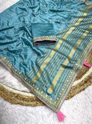 Rama Attractive Designer Vichitra Saree With Multi Work