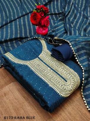 Rama Blue Designer Chanderi Unstitched Suits With Crosset Work