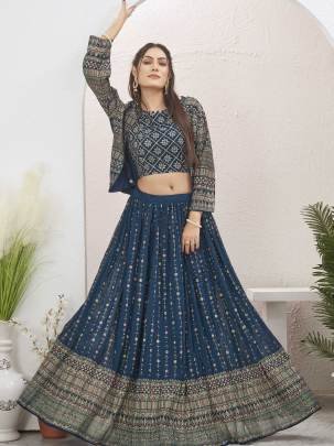 Rama Blue Georgette Lehenga with Jacket by Fab Funda