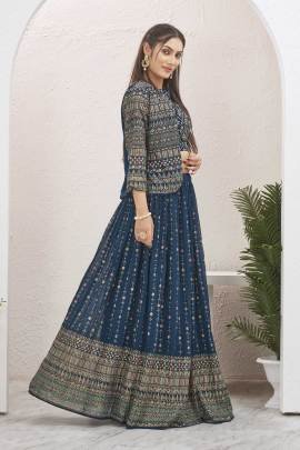 Rama Blue Georgette Lehenga with Jacket by Fab Funda