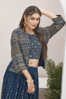 Rama Blue Georgette Lehenga with Jacket by Fab Funda
