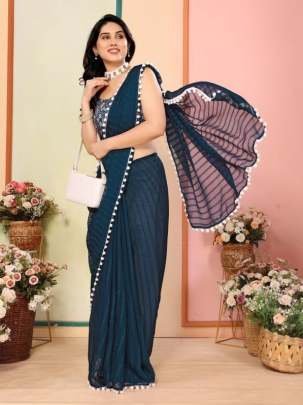 Rama Color Georgette Patta Silk Saree