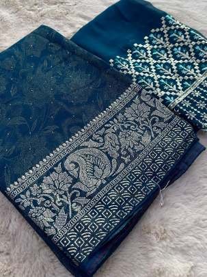 Rama Designer Border Embroidered Georgette Saree With Heavy Unstitch Blouse