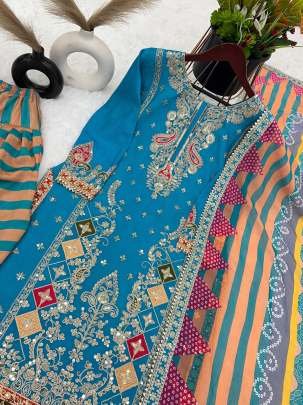 Rama Designer Embroidered And Sequence Chinnon Dhoti Salwar Suits