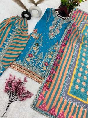 Rama Designer Embroidered And Sequence Chinnon Dhoti Salwar Suits