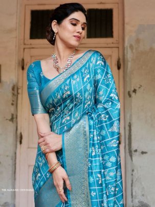 Rama Digital Printed Rich Pallu Pure Silk Saree With Dual Tone Tassels
