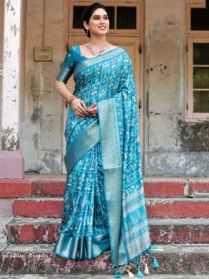 Rama Digital Printed Rich Pallu Pure Silk Saree With Dual Tone Tassels
