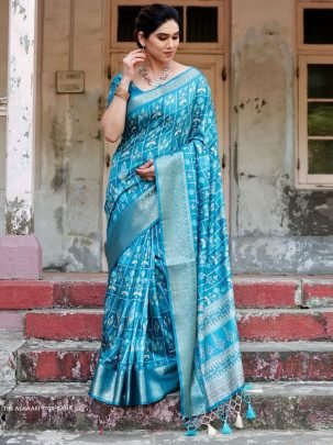 Rama Digital Printed Rich Pallu Pure Silk Saree With Dual Tone Tassels
