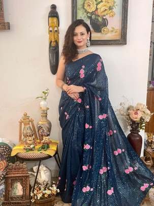Rama Flower Embroider Work And Sequence Party Wear Georgette Saree 