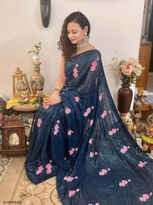 Rama Flower Embroider Work And Sequence Party Wear Georgette Saree