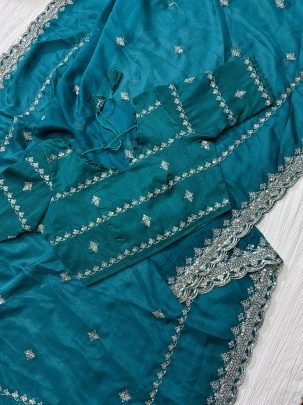 Rama Party Wear Embroidery Work Soft Organza Saree