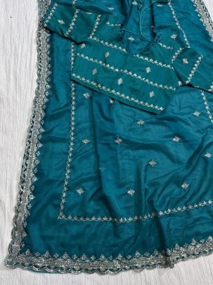 Rama Party Wear Embroidery Work Soft Organza Saree