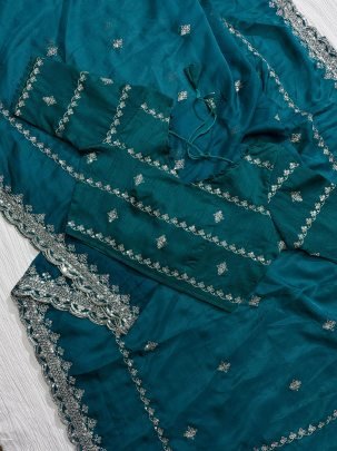 Rama Party Wear Embroidery Work Soft Organza Saree