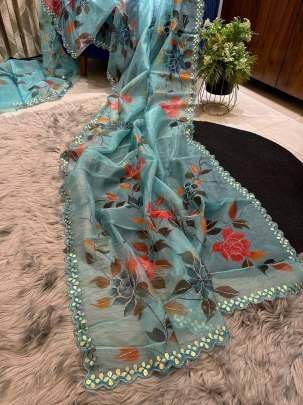 Rama Party Wear Handwork Pure Organza Saree