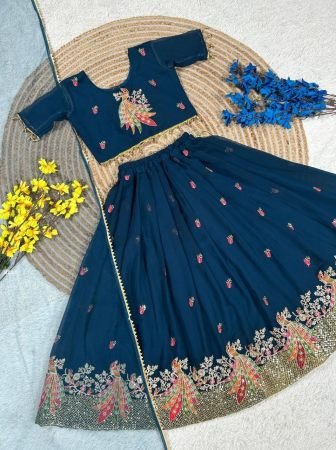 Rama Peacock Embroidered Kids Lehenga Choli Set