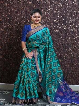 Rama Pramila Ikkat Patola Digital Printed Saree with Blue Blouse