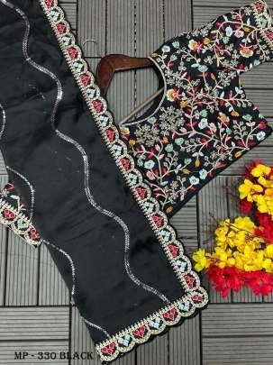  Rangoli Black  Sequins Embroidery Work Stitched Blouse Bollywood Saree