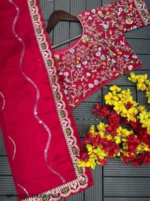  Rangoli Dark Pink Satin Sequins Embroidery Work Stitched Blouse Bollywood Saree