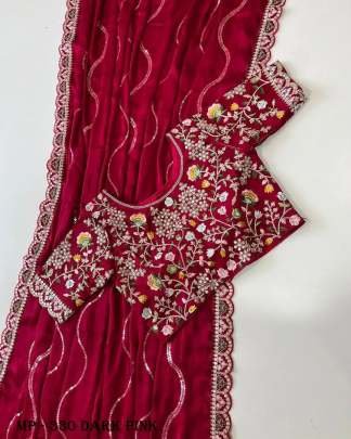 Rangoli Dark Pink Satin Sequins Embroidery Work Stitched Blouse Bollywood Saree