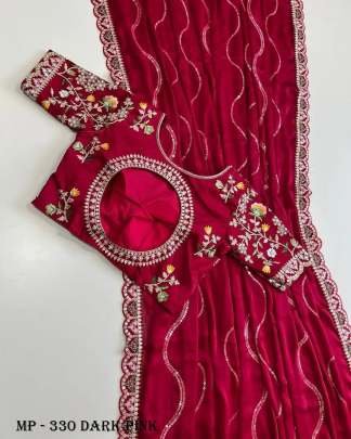 Rangoli Dark Pink Satin Sequins Embroidery Work Stitched Blouse Bollywood Saree