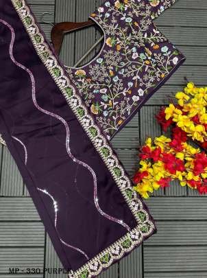  Rangoli Dark Purple  Sequins Embroidery Work Stitched Blouse Bollywood Saree