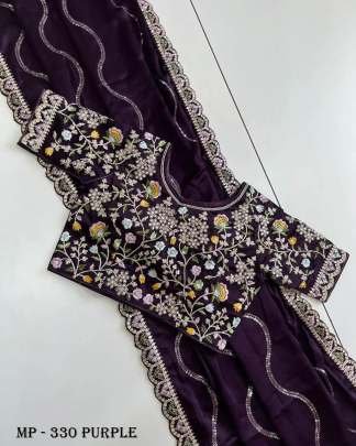 Rangoli Dark Purple  Sequins Embroidery Work Stitched Blouse Bollywood Saree