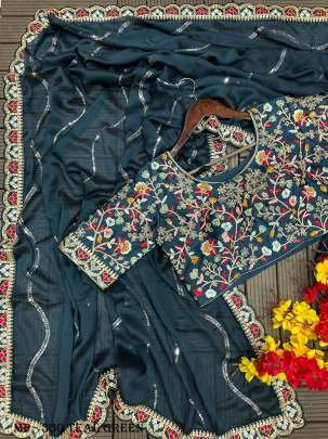  Rangoli Teal Green Sequins Embroidery Work Stitched Blouse Bollywood Saree