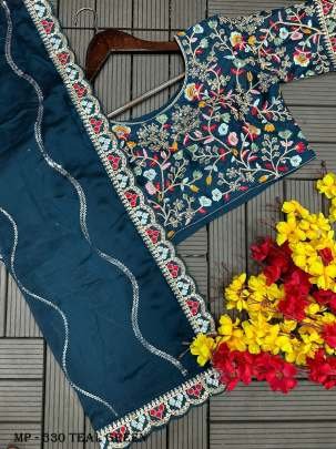Rangoli Teal Green Sequins Embroidery Work Stitched Blouse Bollywood Saree