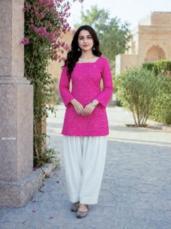 Rani Pink Bandhej Print Top With Farsi Style Pant 