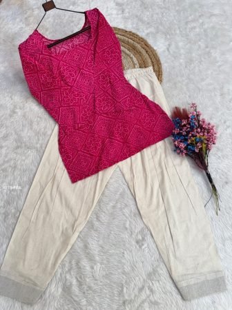 Rani Pink Bandhej Print Top With Farsi Style Pant