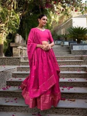 Rani Pink Chanderi Zari Weaving Work Border Lehenga