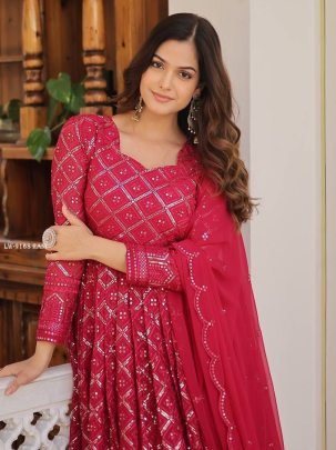 Rani Pink Checks Pattern Georgette Gown with Dupatta