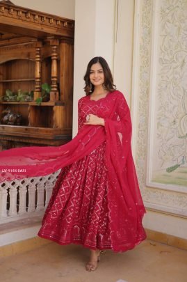 Rani Pink Checks Pattern Georgette Gown with Dupatta