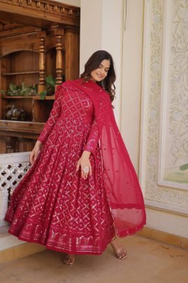 Rani Pink Checks Pattern Georgette Gown with Dupatta