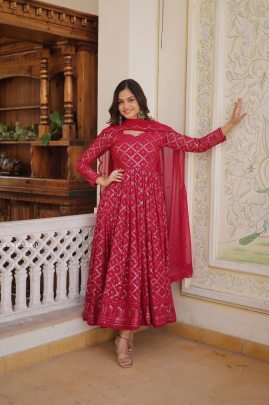 Rani Pink Checks Pattern Georgette Gown with Dupatta
