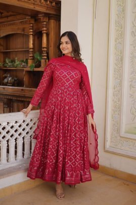 Rani Pink Checks Pattern Georgette Gown with Dupatta