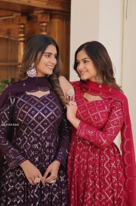 Rani Pink Checks Pattern Georgette Gown with Dupatta