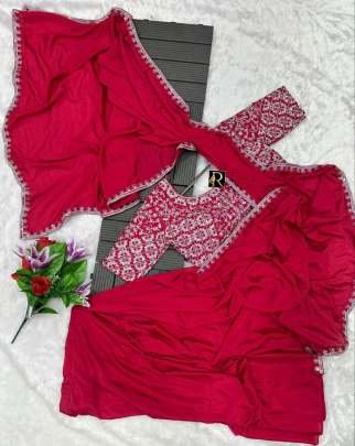 Rani Pink Colour Embroidery work Party Wear ready to wear Saree