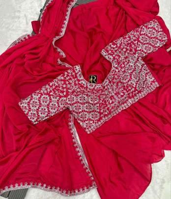 Rani Pink Colour Embroidery work Party Wear ready to wear Saree