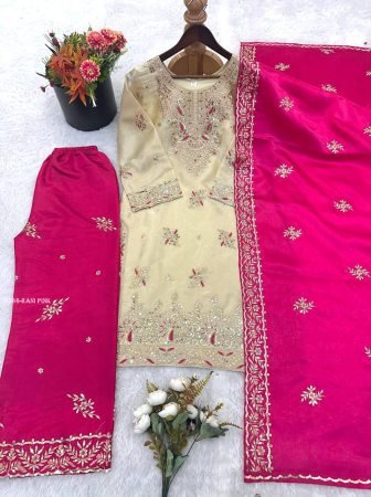 Rani Pink Embroidered Festive Wear Suit Set