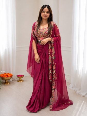 Rani Pink Embroidered Sharara Set with Designer Shrug