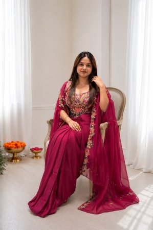 Rani Pink Embroidered Sharara Set with Designer Shrug