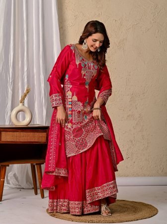 Rani Pink Embroidered Silk Kurta With Flared Sharara