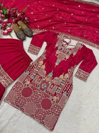 Rani Pink Embroidered Silk Kurta With Flared Sharara