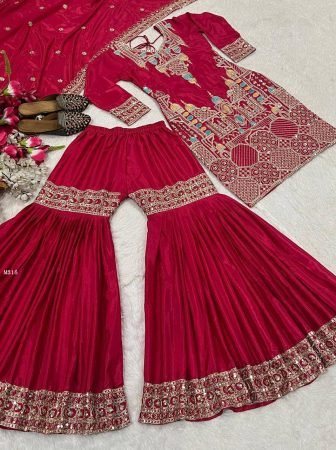 Rani Pink Embroidered Silk Kurta With Flared Sharara