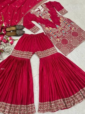 Rani Pink Embroidered Silk Kurta With Flared Sharara
