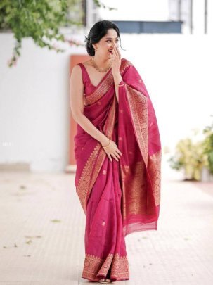 Rani Pink Festive Wear Silk Blend Saree With Zari Pallu