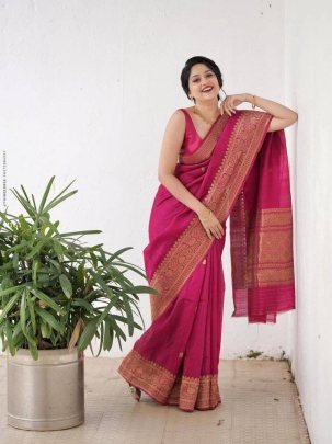 Rani Pink Festive Wear Silk Blend Saree With Zari Pallu