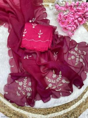 Rani Pink Silk Saree With Sequence Work