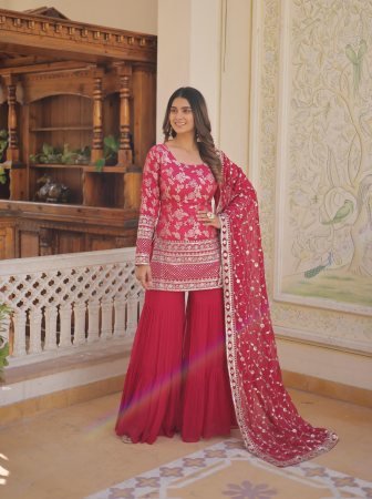 Rani Pink Viscose Jacquard Gharara Suit With Sequence  Work